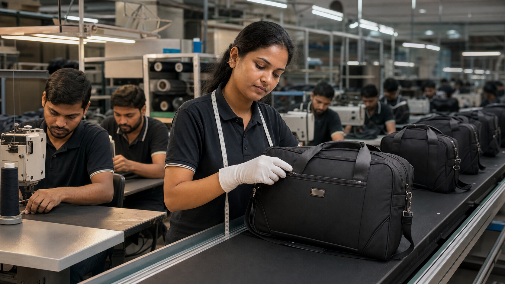 Technicians assembling and checking travel bags