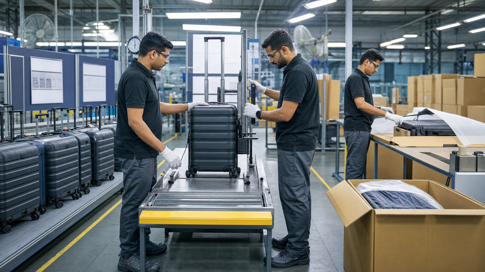 Engineers testing luggage wheels and handles