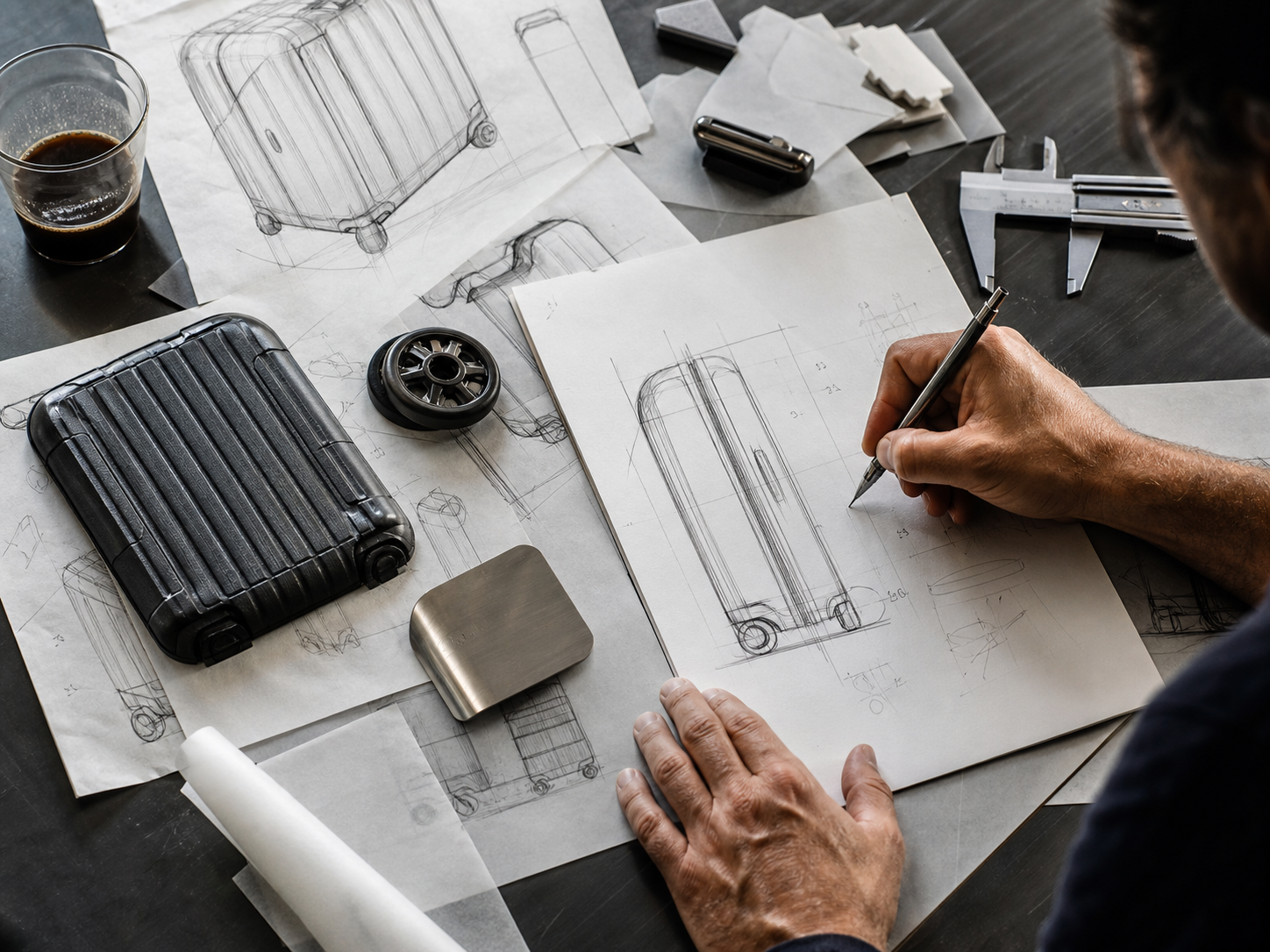 Luggage design sketches and materials on a designer's desk